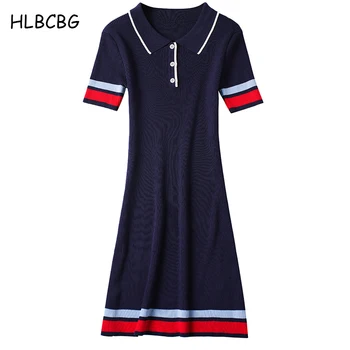 HLBCBG 2022 İlkbahar Yaz Polo Elbise Kadınlar Casual Düz Diz Boyu Elbiseler Kadın Artı Boyutu Kraliyet Mavi Gömlek Elbise Bayanlar