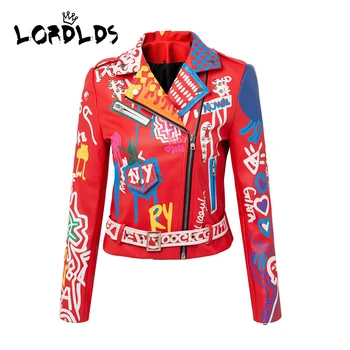 LORDLDS Kırmızı Deri Ceket Kadın Graffiti Renkli Baskı Moto Biker Ceket ve Mont PUNK Streetwear Bayan Giyim