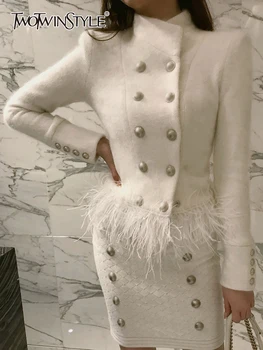 TWOTWINSTYLE Mizaç Patchwork Tüy Ceket Kadınlar Için Standı Yaka Uzun Kollu Casual Beyaz Ceketler Kadın Moda Yeni Sonbahar