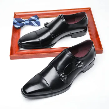 Erkek Elbise Ayakkabı Hakiki Deri Çift Toka keşiş askısı erkek ayakkabısı Yılan Baskı Kap Ayak Klasik İtalyan Ayakkabı