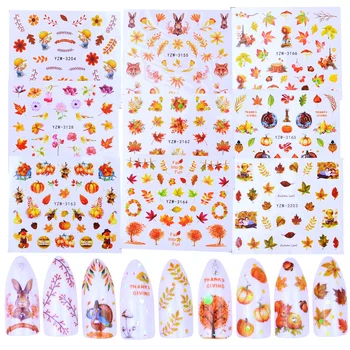 1 Sayfalık Sonbahar Su Tırnak Sticker Şükran Türkiye Akçaağaç Yaprağı Tırnak Sanat Çıkartmaları DIY Kaymak Dövme Manikür Dekor