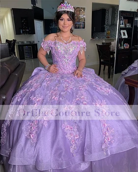 Leylak Quinceanera Elbiseler Dantel Aplike ile Tatlı 16 Elbise Boncuklu Kapalı Omuz vestidos de 15 años 2021 Balo Abiye
