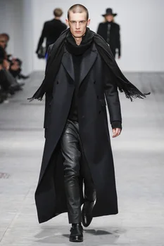Erkek yün ceket uzun diz üzerinde özel iş düz renk moda gençlik rahat yün ceket