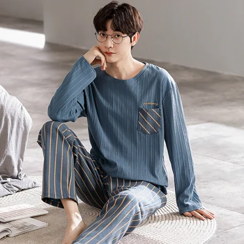 Erkek Pijama Seti Sonbahar Kış Eğlence Elastik Bel Erkek Pijama Pamuk erkek Uzun Kollu Kıyafeti Pantolon Gecelik Giyim