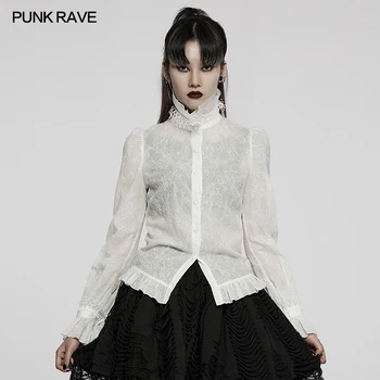 PUNK RAVE kadın Gotik Doku Bluz Pamuk Goth Çürük Cilt Koyu Çizgiler Giyim 3D Dantel Standı Yaka Kıvrımlı Manşet Gömlek
