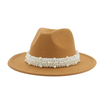 Kadın Şapka Kış Geniş Ağız bant kemer Inci Panama Fedora Resmi Kilise Beyaz Pembe Lüks Fedora Keçeli Şapkalar Sombreros De Mujer