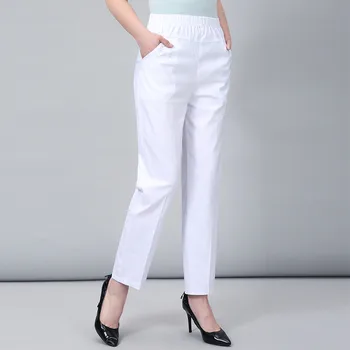 Orta Yaşlı Ve Yaşlı Kadın Bahar Beyaz Pantolon İnce Elastik Bel Düz Pantolon Anne Ayak Bileği Uzunlukta Pantolon 5XL W2102