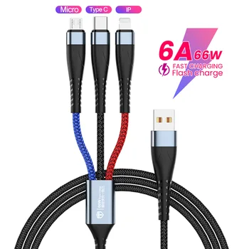 3 in 1 6A 66W USB Veri Kablosu Huawei Samsung Xiaomi İçin mikro USB Kablosu 2.4 A USB Kablosu iPhone 14 13 12 11 Pro Max 1.2 M