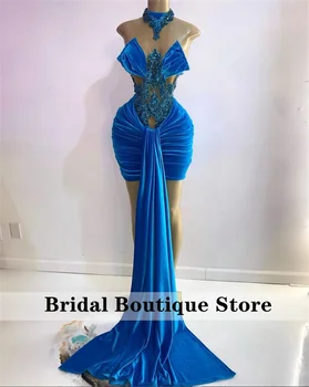 Seksi Mavi Mermaid Balo Elbise 2022 Kadife Illusion Boncuklu doğum günü partisi elbisesi Mini Kokteyl Mezuniyet Törenlerinde Robe De Bal