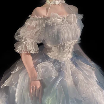 Saray Zarif Çiçek Evli Kız Op Lolita Cosplay Tatlı Romantik Top Yay Örgü Gazlı Bez Bel İnci Puf Kollu Prenses Elbise