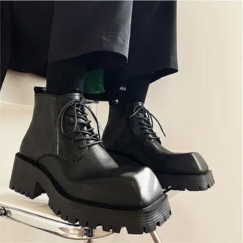 GİGİFOX Platformu Chelsea yarım çizmeler Topuklu Kare Ayak tasarımcı Moda Punk Savaş ayakkabı kadın lace up Siyah tıknaz çizmeler
