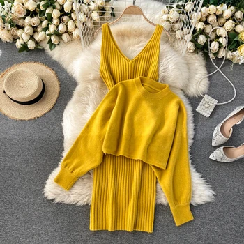 2022 Yeni Moda Sonbahar Kış kadın Kalınlaşmak Sıcak Örme Kazak Kazak İki Parçalı Takım Elbise + Yüksek Bel elbise Seti