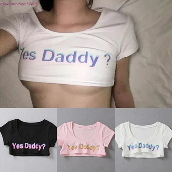 Yaz Evet Baba Mektup Baskı T Shirt Kadın Seksi Kırpma Üstleri Kısa Kollu Kırpılmış Gömlek