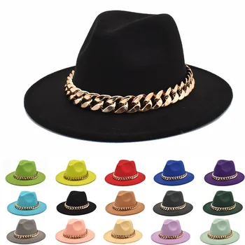 Kış Kadın Altın Zincir geniş fötr şapka şapka Erkekler zarif retro tarzı İngiliz yün caz şapka düz renk Panama