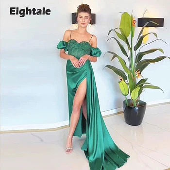 Eightale Yeşil Akşam Elbise Düğün Parti için Boncuklu Spagetti Kayışı Yan Bölünmüş Kısa Kollu Balo elbisesi Saten Ünlü Elbisesi