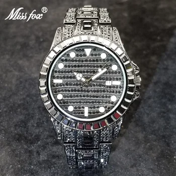 MISSFOX Hip Hop Siyah erkek Saatler Lüks Tam Elmas quartz saat Kişiselleştirilmiş Buzlu Out Aydınlık Su Geçirmez Relogio Masculino
