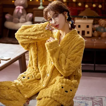 Kış Sıcak Flanel Tatlı Ayı Cep Pijama Set Kadın Kalın Hırka Ev Tekstili Sevimli Pijama
