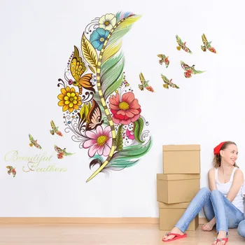 Renkli 3D Canlı Tüy Çiçekler duvar çıkartmaları Ev Dekor Kelebek Kuşlar sanatsal fresk PVC Kendinden yapışkanlı Buzdolabı Duvar Kağıdı