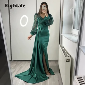 Eightale Glitter Akşam Elbise Düğün Parti için V Boyun Uzun Kabarık Kollu Yeşil Mermaid Balo elbisesi Saten Resmi Ünlü Elbisesi