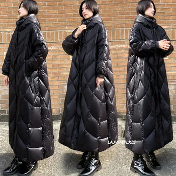 2022 Süper Uzun Aşağı Ceket-30 derece Siyah kadın 90 % Beyaz Ördek uzun kaban Kış sıcak Rüzgar Geçirmez Palto Kapşonlu Kalın Mont