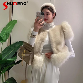 Kore Tarzı Beyaz Peluş Yelek kadın 2022 Sonbahar Kış Retro Dikiş Ağır Faux Fox Kürk Ceket Kısa Yelek Ceket Moda