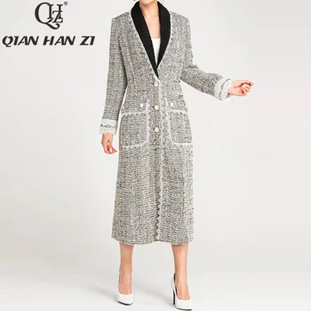 QHZ tasarımcı sonbahar kış moda tek göğüslü Yün uzun ceket kadın yaka yaka Uzun kollu dantel Vintage Sıcak Palto