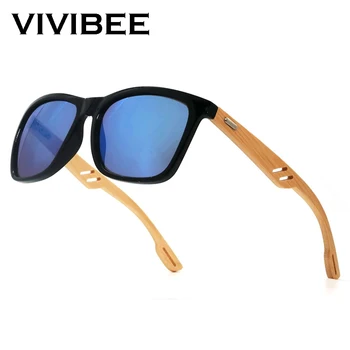 VIVIBEE Bambu Güneş Gözlüğü Erkekler Kare Tarzı Ayna Mavi Lens güneş gözlüğü Kadınlar 2021 Retro UV400 Erkek Gözlük
