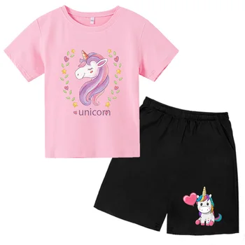 Unicorn Yaz Kısa Kollu Saf Pamuk Takım Elbise Karikatür Baskı T-Shirt Kız Bebek Unicorn Çocuk Dinlenme Moda Çocuk Spor 4-14T
