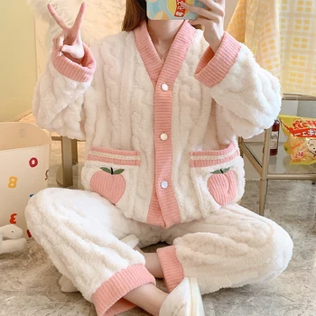 Kış kadın Pijama Seti 2 Parça Pantolon İle V Boyun Bayanlar Pijama Kalın Polar Uzun Kollu Sonbahar Sıcak Ev Takım Elbise Kadın İçin