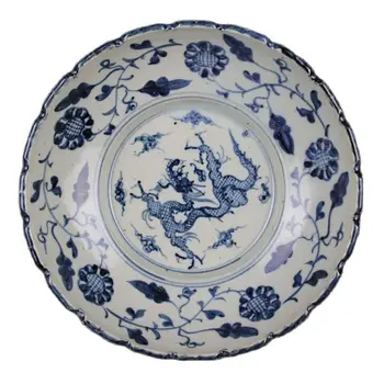 Çin antika porselen dekoratif meyve tabağı el sanatları, el-boyalı ayçiçeği kurulu alt boyama ejderha
