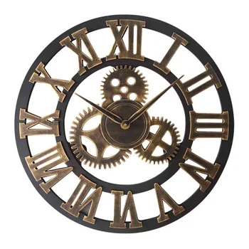 Vintage Endüstriyel Rüzgar Dişli Ahşap Duvar Saatleri Avrupa Tarzı Oturma Odası Büyük Klasik Altın Romen Rakamı Ev Saati