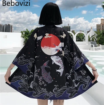 Bebovizi Japon Balık Baskı Kimono Hırka Harajuku Geleneksel Kadın Cosplay Yukata Kadın Obi Siyah Streetwear Haori Plaj