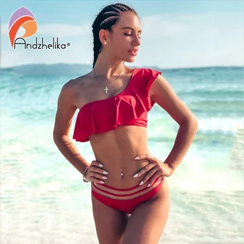 Andzhelika Katı Ruffled Bir Omuz Bikini Setleri Mayo Kadınlar İçin Seksi Örgü İki Adet Mayo 2022 Yeni Plaj Mayo