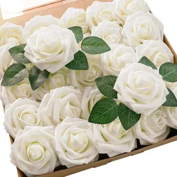 Yapay çiçekler 25 adet Gerçek Görünümlü Fildişi Köpük Sahte Güller Kaynaklanıyor DIY Düğün Buketleri Beyaz