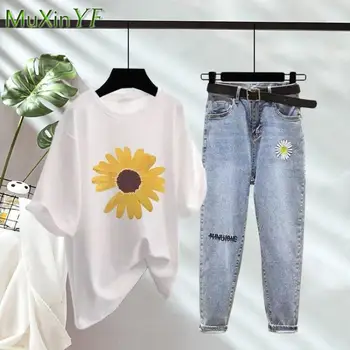 2022 İlkbahar / Yaz Yeni Pamuk Papatya Kot + kısa kollu t-shirt 2 Parça kadın Üst Kot Pantolon Takım Elbise Kore Zarif Giyim Seti