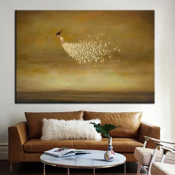 Soyut Beyaz Etek Küçük Kız Güvercin Sürüsü İle Tuval Yağlıboya Duvar Sanatı Resimleri Cuadros Oturma Odası Ev Dekor