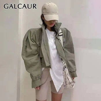 GALCAUR Rahat Patchwork Ceketler Bayan Giyim Yaka Yaka Puf Kollu İpli Palto Kadın Kore Moda 2021 Sonbahar Yeni
