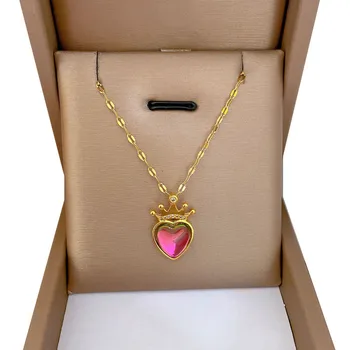 316L Paslanmaz Çelik Mikro set Gerçek Altın Tam Zirkon Renkli Kalp Kolye Kolye Kadınlar için Colgante Con Diamante