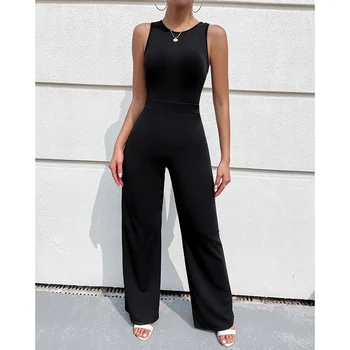 2022 Yaz Kolsuz Bodycon Uzun Tulumlar Kadınlar Zarif Rahat Geniş Bacak Pantolon Yüksek Bel Tulum Streetwear Tulum