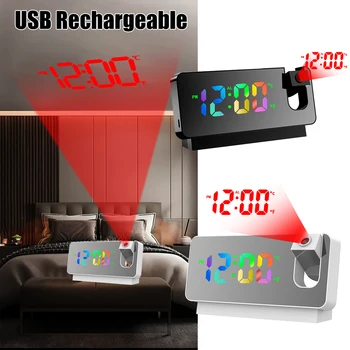 Gökkuşağı Renkli LED Dijital Projeksiyon çalar saat USB Şarj Edilebilir Yatak Odası için Elektronik Projektör Büyük Sayı Masaüstü Saati