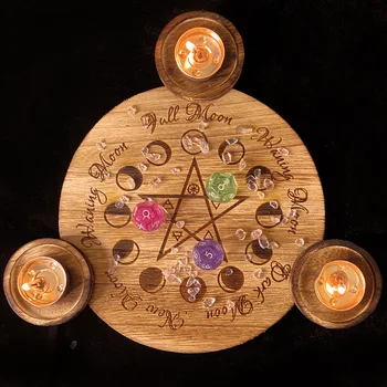 Kehanet Ahşap Şamdan Pentagramı Sunak Masa Mumluk Plaka Astroloji Enerji Meditasyon Wicca Töreni Tarot Aksesuarı