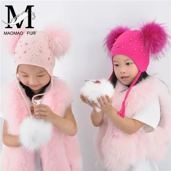 Çocuklar Sıcak kışlık şapkalar Çift Kürk Pom ponpon bere Yün Örme Şapka Bebek Erkek Kız Gerçek Rakun Kürk Topları Bere Kap Kaput