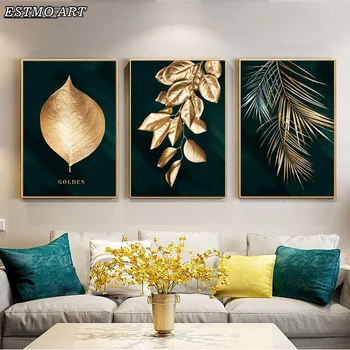 Tuval Boyama Altın Bitki Yaprakları Duvar Posteri Baskı Modern Stil Sanat Oturma Odası Dekorasyon Resimleri Modern Ev Dekor