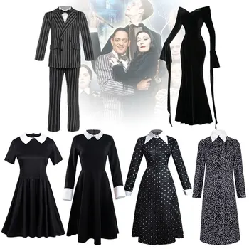 Çünkü Çarşamba Addams Aile Cosplay Kostüm Addams Baskı Elbise Peruk Çocuklar Kadınlar Vintage Gotik Gomez Takım Elbise Kıyafetler Cadılar Bayramı