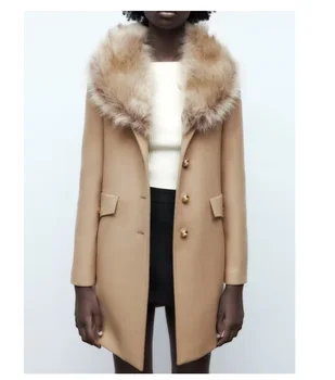 TRAF Yeni Kadın Kış Katı Ceket Büyük Kürk Yaka Tek Göğüslü Uzun Kollu Coat Dış Giyim Sıcak Temel Moda Palto