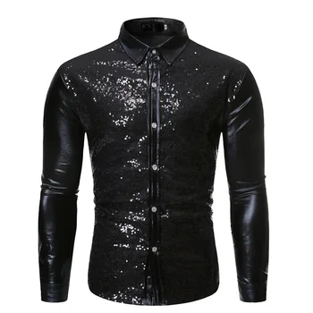 Erkek Parlak Siyah Pullu Gece Kulübü Gömlek 2023 Marka Yeni Slim Fit Parti Düğün Glitter Erkek Elbise Gömlek Sahne Şarkıcı Balo Kostüm