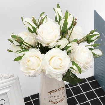güzel büyük yapay gül lateks çiçekler şube 2 tomurcuk gerçek dokunmatik düğün sahte çiçekler ev noel dekorasyon için beyaz