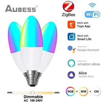 Aubess Zıgbee WİFİ E14 LED Ampul Mum Renk Kapalı müzikli ışık Ampul RGB C W Denetleyici Aydınlatma 220V Kısılabilir Akıllı Lamba