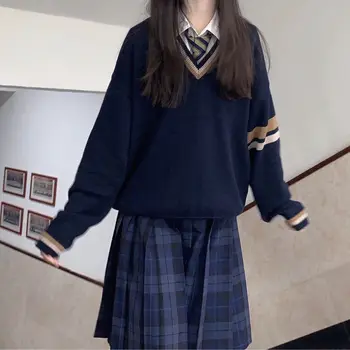 Lacivert JK Örme Kazak Kazak Ceket DK okul üniforması Kadın Erkek Sonbahar Japon V Yaka Eğlence Kış Öğrenci Kazak