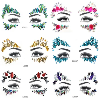 3D Kristal Masquerade Parlak Yüz Süslemeleri Müzik Festivali Moda Renkli Akrilik Matkap Çıkartmalar Geçici Dövme Çıkartmalar